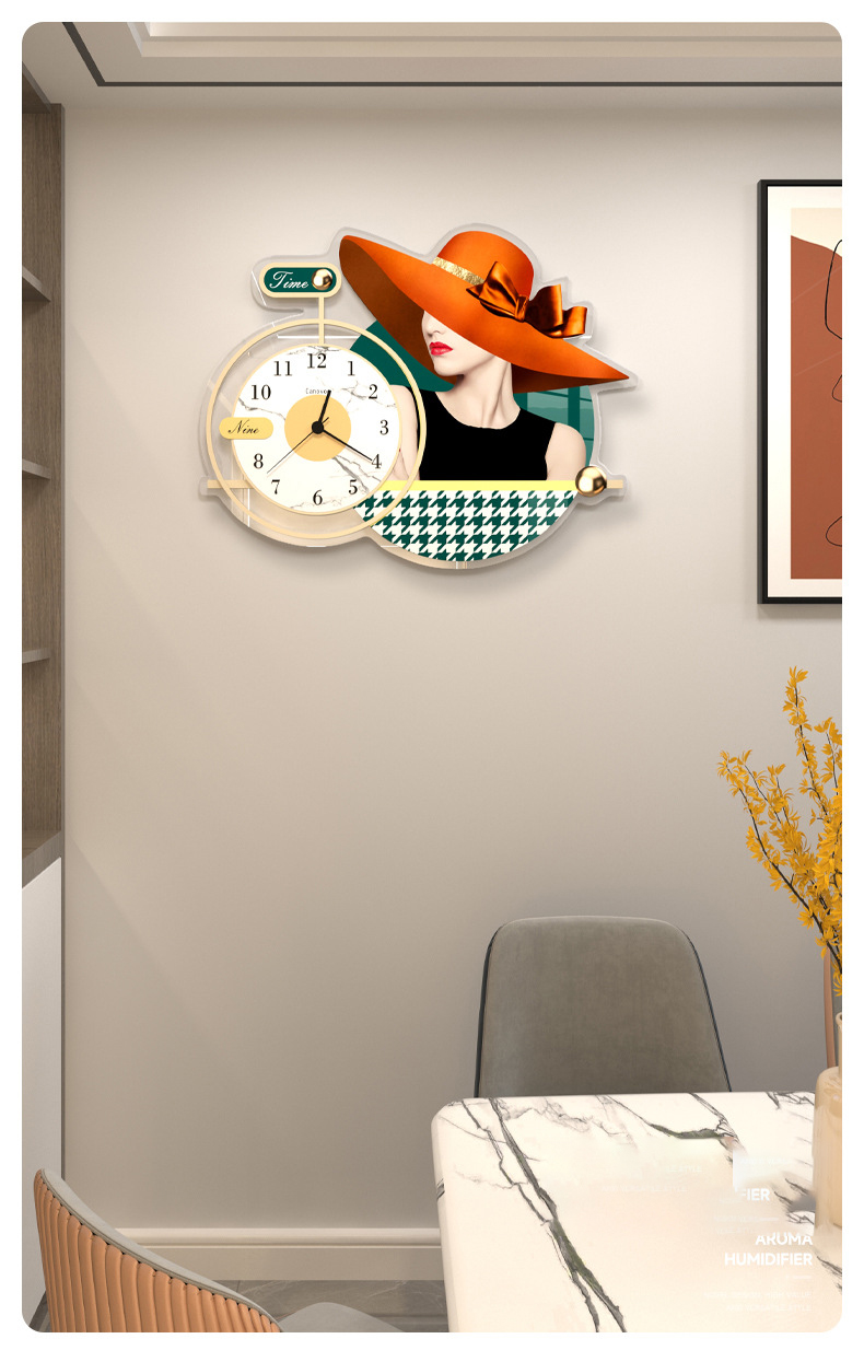 Đồng hồ treo tường hình cô gái đội mũ màu cam size lớn 66cm x 52cm
