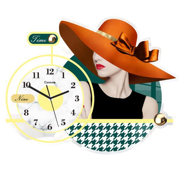 Đồng hồ treo tường hình cô gái đội mũ màu cam size lớn 66cm x 52cm